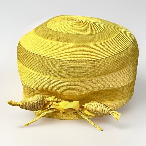 Fishman’s Accessories - VTG 1950s Golden Straw Pillbox Hat with Ribbon Trim Fishmans Dept Store w/ Box